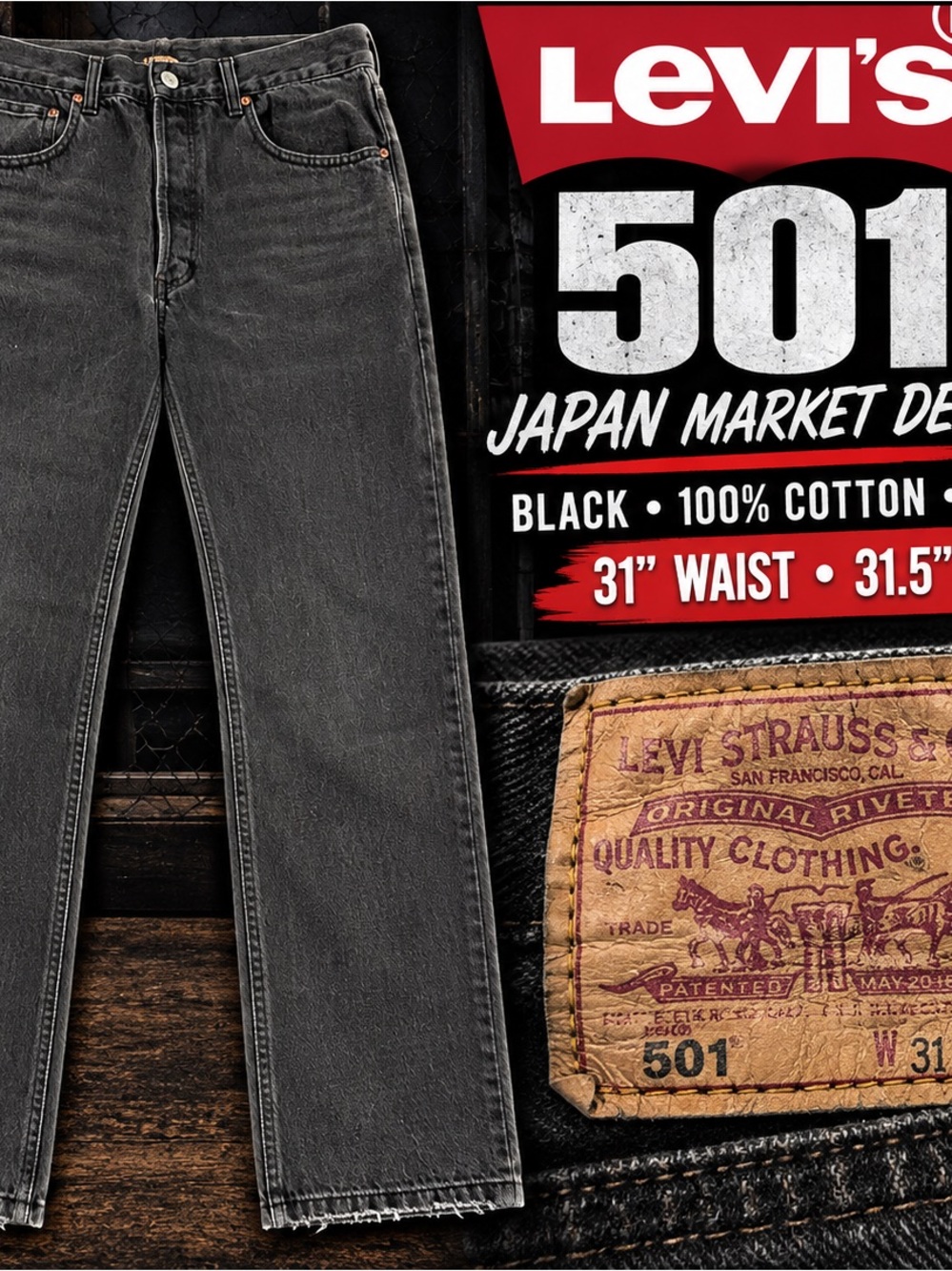 Levis 501 Jeans Mens Black Denim Japan Market Button Fly 100% Cotton 31x31.5
